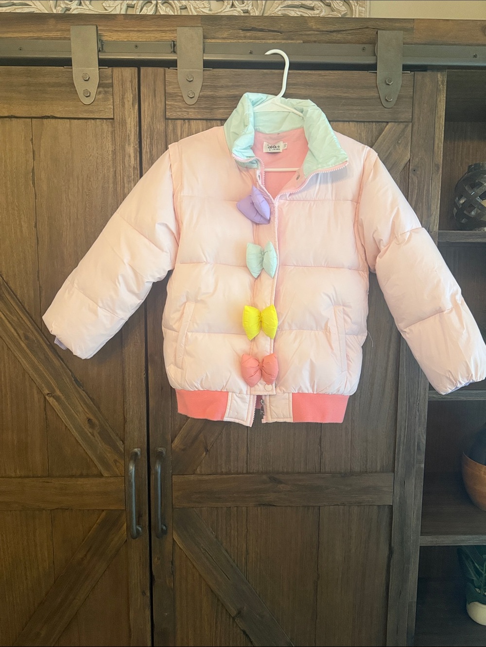 Lola and the Boys Girls' Pastel Pink Puffer Jacket with Colorful Bows